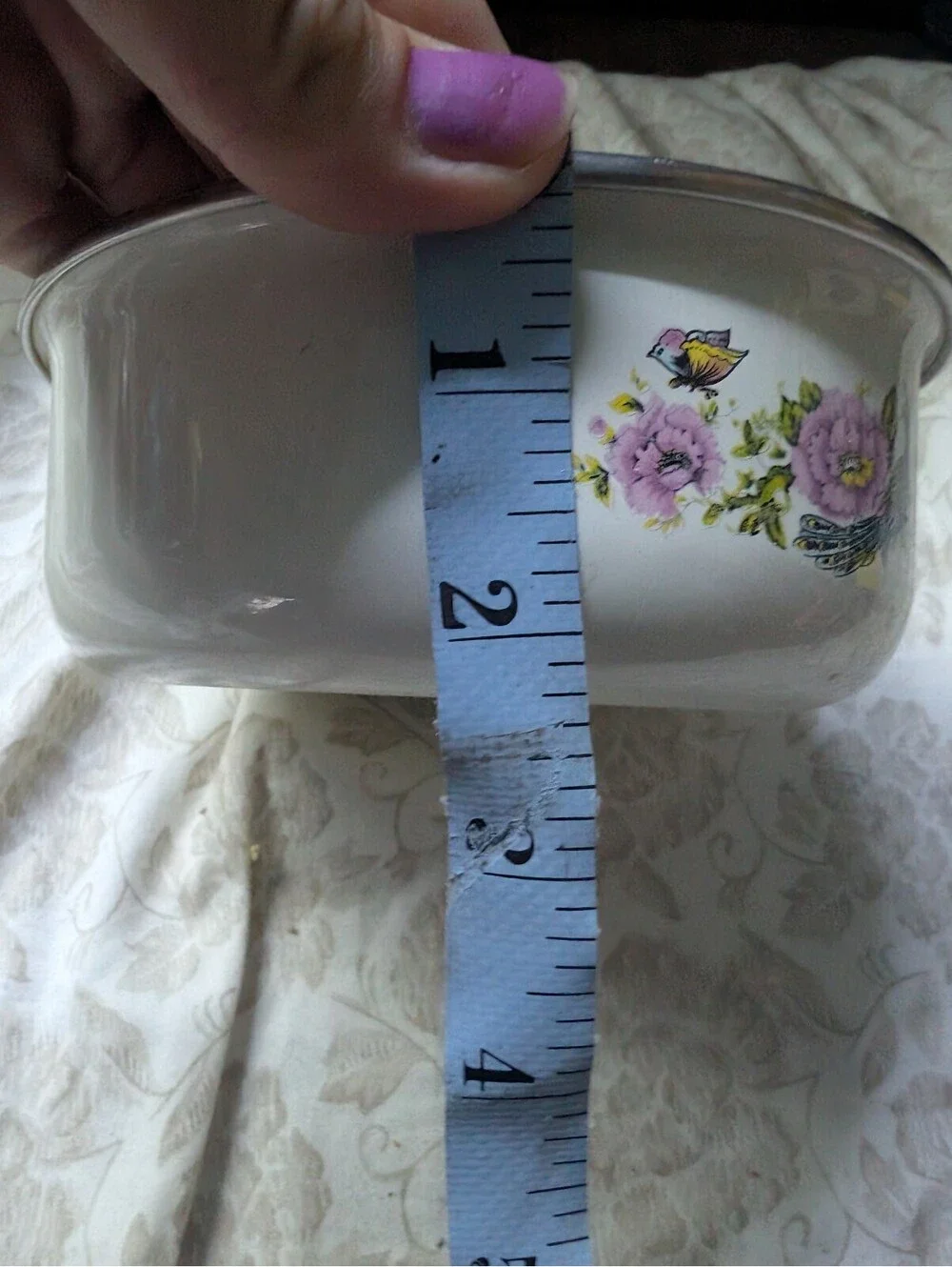 Vintage Floral Enamel Bowl with Peacock Design